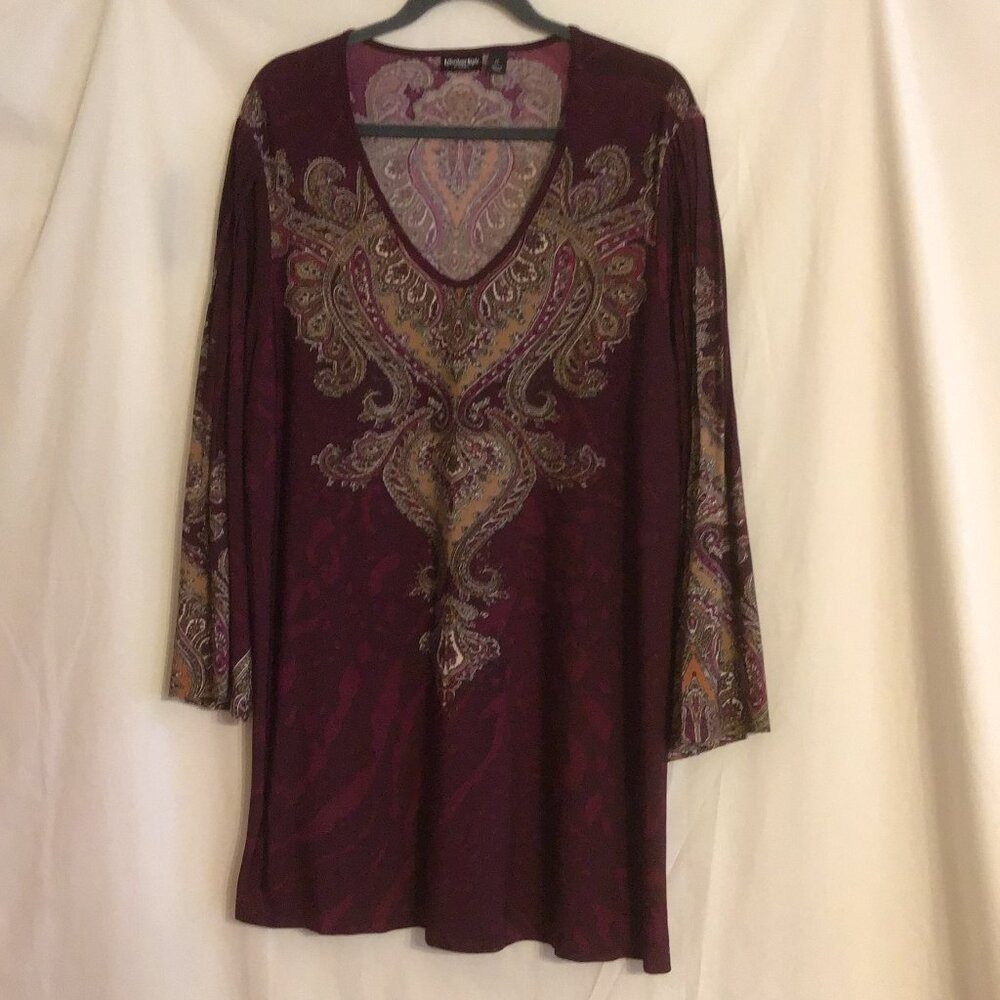 CITIKNITS EFFORTLESS STYLE Purple w/Paisley Long Sleeve V-Neck Tunic Dress XL